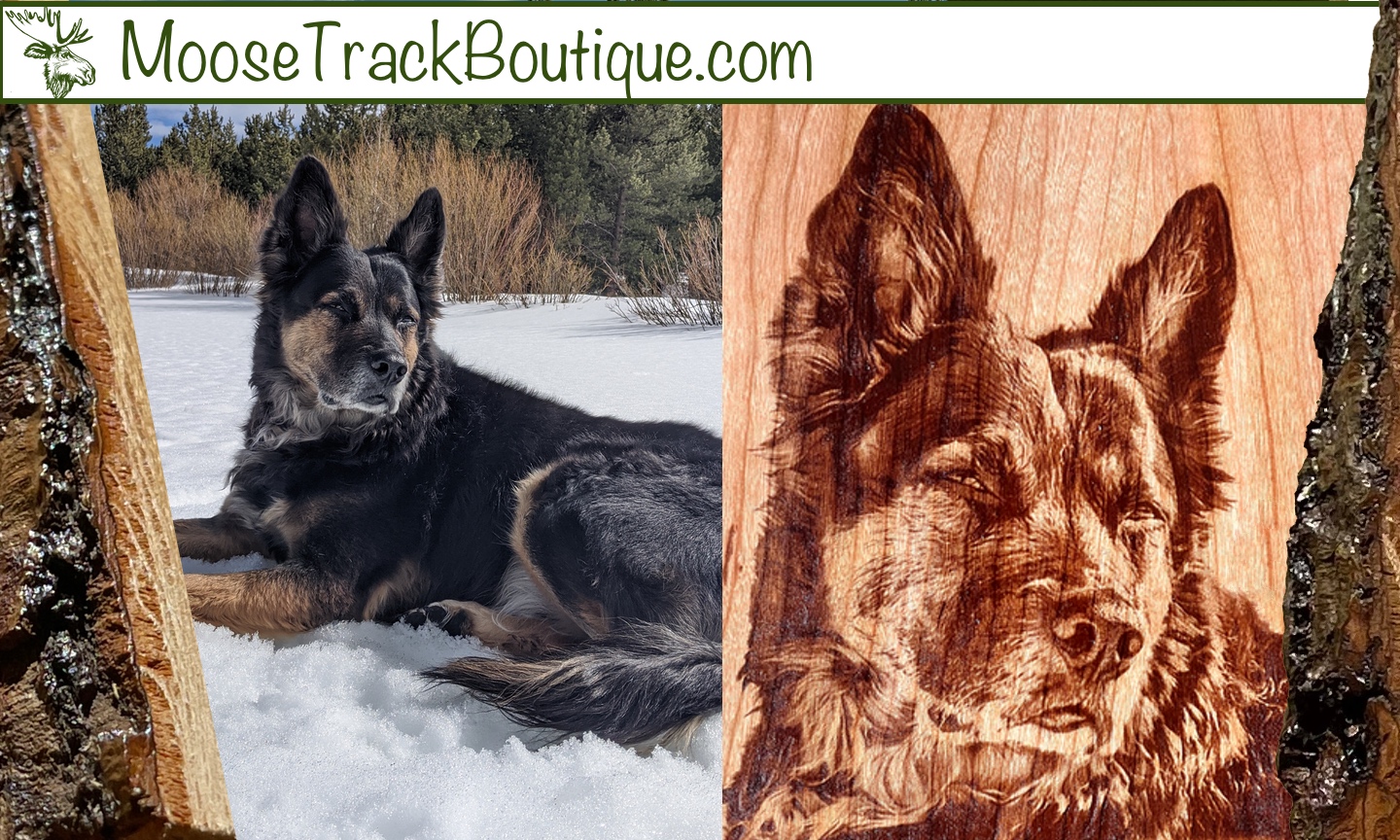 MooseTrack Boutique Pet Portraits engraved on cherry wood